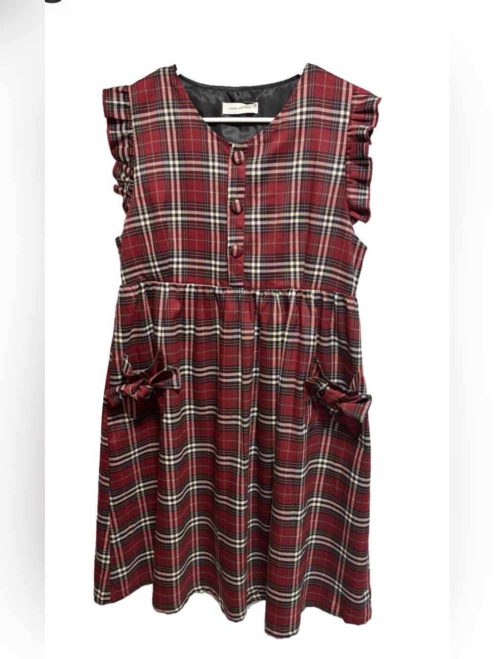 Red lined Plaid Ruffle Sleeve bow pocket Dress